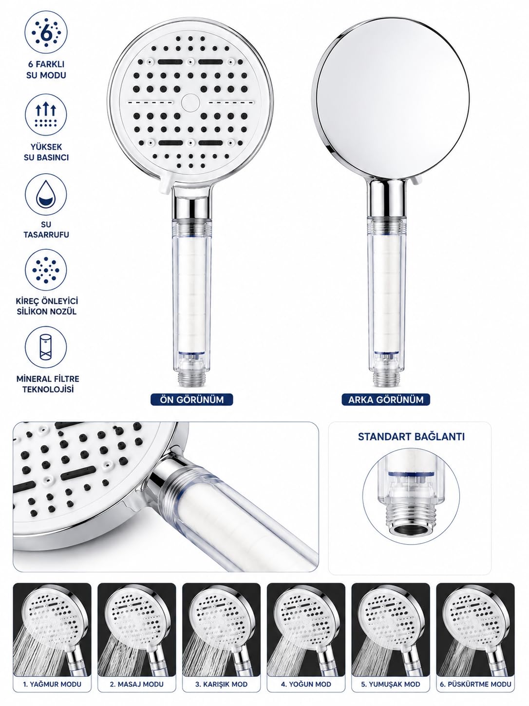 Busstier Krom Filtreli Duş Başlığı 6 Modlu Yüksek Basınçlı Tasarruflu El Duşu Kireç Önleyici Mineral Filtreli Banyo Duş Başlığı 12,5 cm Geniş Başlıklı Evrensel Uyumlu