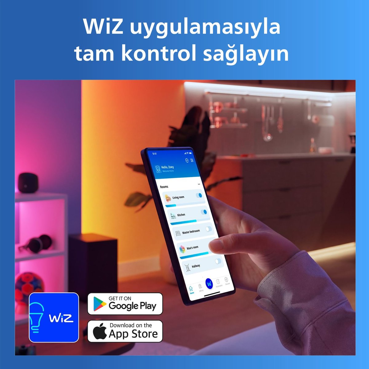 Philips Smart Lighting RGB-LED şerit, 5 m, Tip C, 16 milyon renk, ön ayar. Işık modları, kesilebilir, giriş. Kurulum, WiZ, Google Home, Alexa, Apple Home ile uyumlu, WLAN ile uyumlu