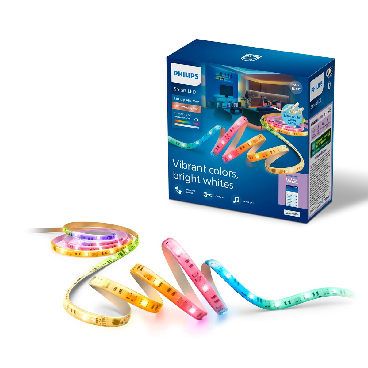 Philips Smart Lighting RGBICWW LED şerit, 5 m, Tip C, çok renkli renk geçişleri, ayarlanabilir beyaz ışık, ortam ışığı, WiZ, Alexa, Google Home, Apple Home ile bağlanır, tekli paket