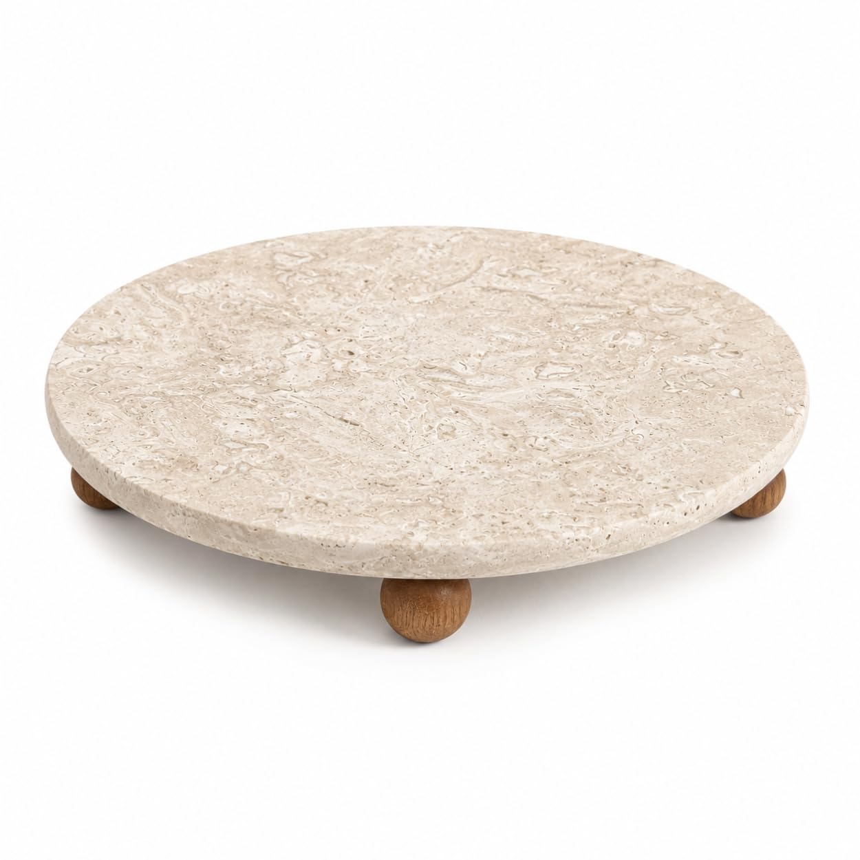 Orret Home Traverten Sunumluk Ahşap Ayaklı Doğal Taş Sunum Tepsisi Yuvarlak Mermer Sunumluk Dekoratif Tepsi Kahvaltılık Meyvelik Pasta Servis Tabağı (28 Cm)