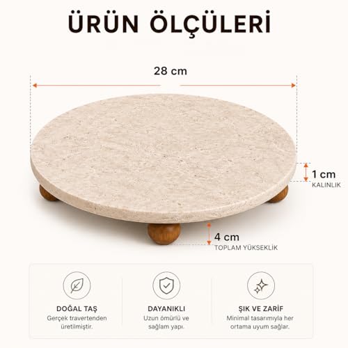 Orret Home Traverten Sunumluk Ahşap Ayaklı Doğal Taş Sunum Tepsisi Yuvarlak Mermer Sunumluk Dekoratif Tepsi Kahvaltılık Meyvelik Pasta Servis Tabağı (28 Cm)