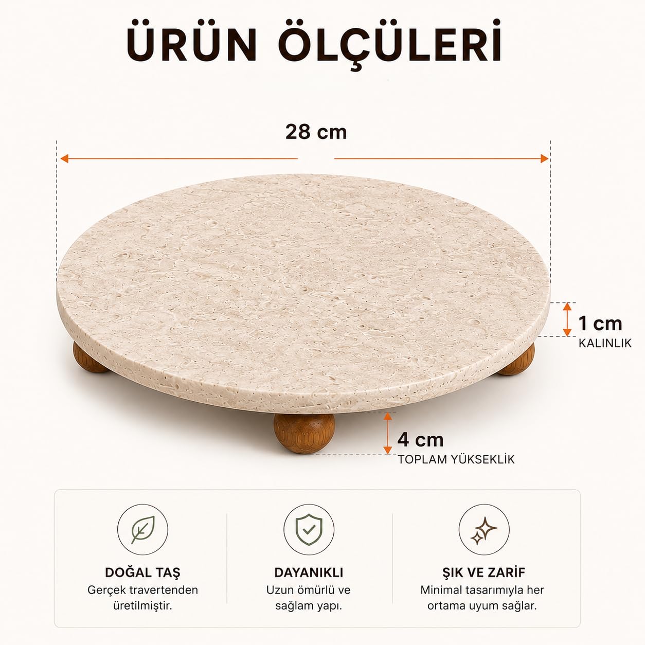 Orret Home Traverten Sunumluk Ahşap Ayaklı Doğal Taş Sunum Tepsisi Yuvarlak Mermer Sunumluk Dekoratif Tepsi Kahvaltılık Meyvelik Pasta Servis Tabağı (28 Cm)