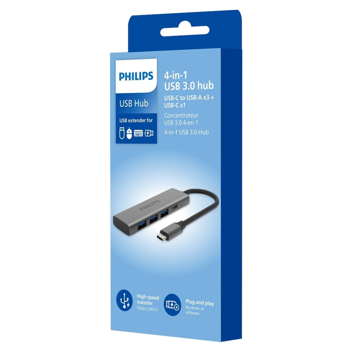 PHILIPS 4-in-1 USB-C Hub | 3x USB 3.0 5Gbps, 1x USB-C 5Gbps, Hızlı Veri Transferi, Kompakt ve Dayanıklı, Alüminyum Alaşım, Windows macOS Linux ve Android ile Uyumlu, SWR5041/00