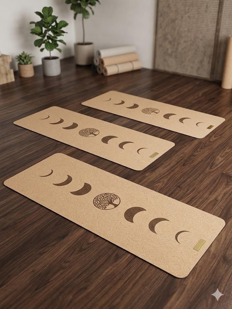 Mantar Yoga Matı, Ay Evreleri ve Hayat Ağacı Desenli, Doğal Renk, Meditasyon ve Yoga için