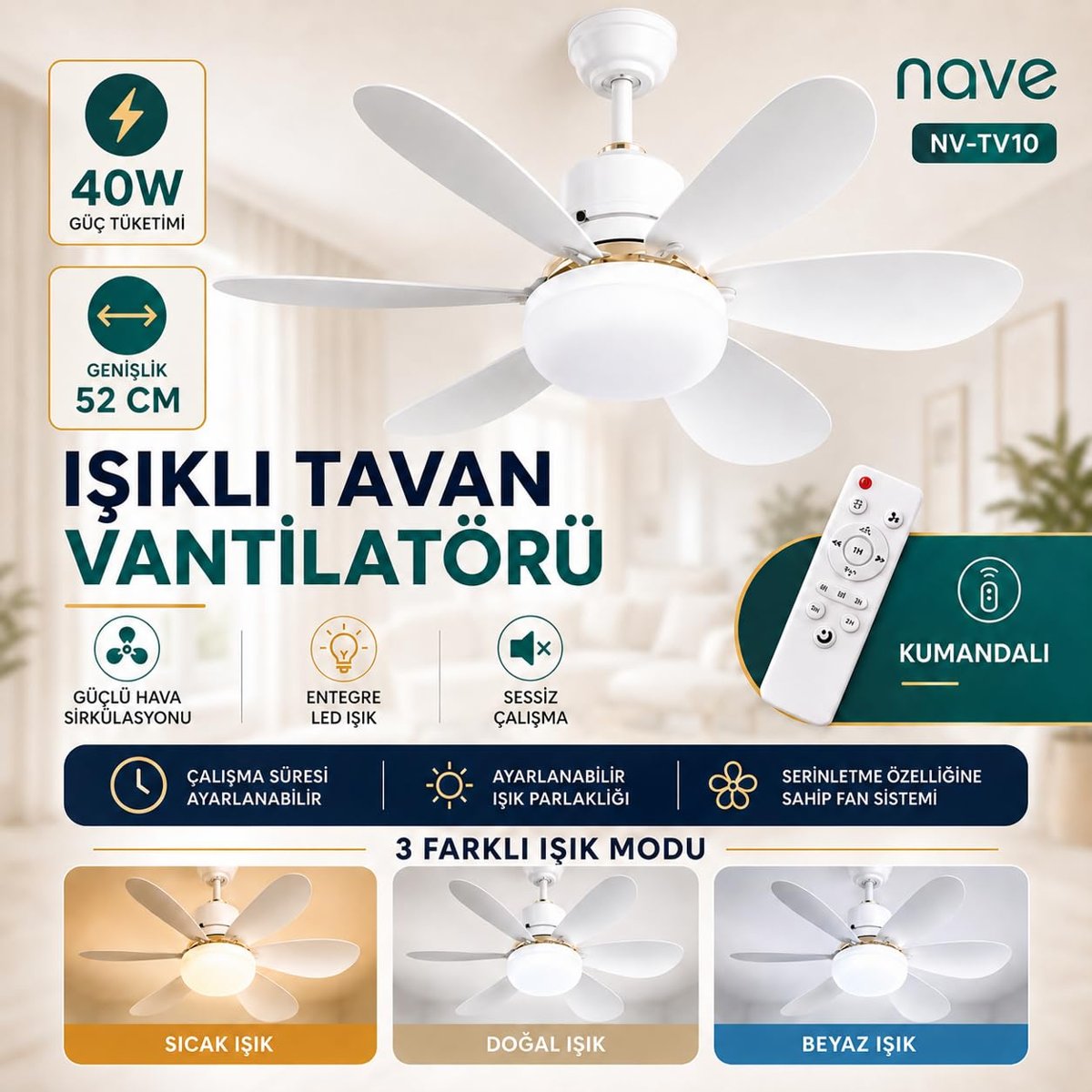 NAVE NV-TV10 IŞIKLI TAVAN VANTILATORU 6 KANAT