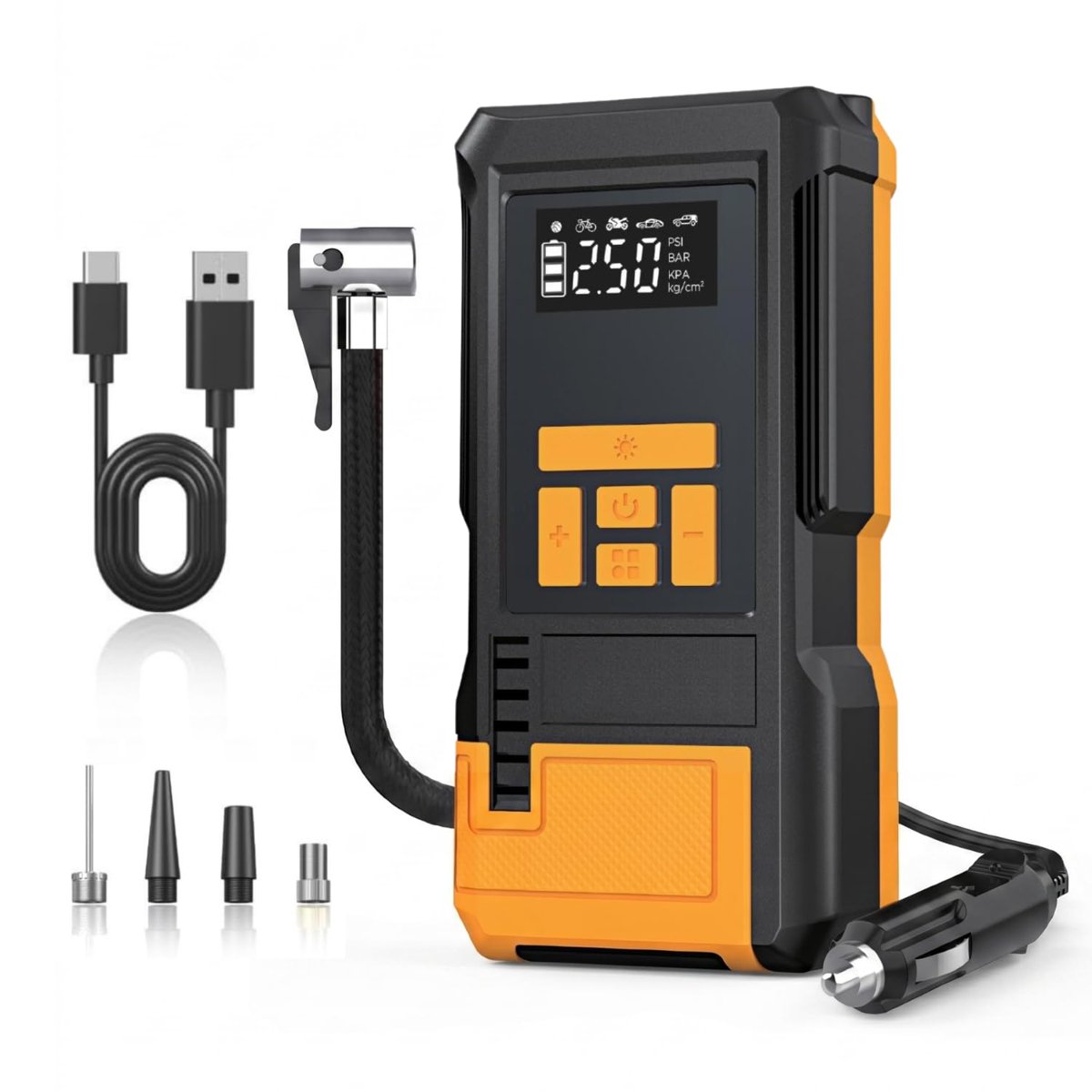 6000mAh Taşınabilir Hava Pompası - 150 PSI Dijital Kompresör, 12V Çakmaklık ve Şarjlı Kablosuz Lastik Şişirme Pompası (Araç, Motosiklet, Bisiklet)