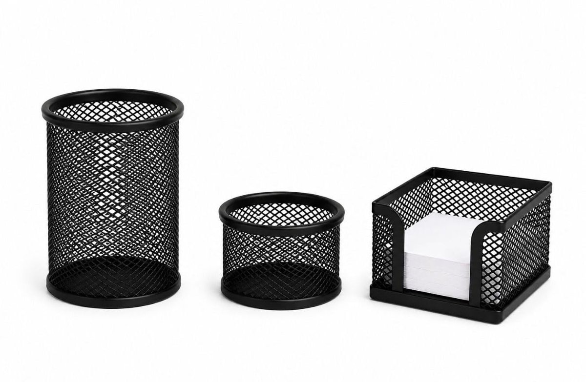 Perfore Metal Masaüstü Organizer Seti, 3 Parçalı, Kalemlik, Notluk ve Düzenleyici Bölmeli, Siyah, Ofis ve Ev Kullanımı için