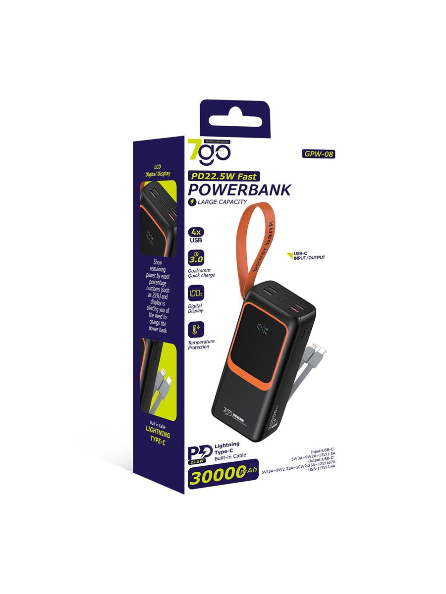 7GO GPW-08 30000mAh PD22.5W Hızlı Şarj Powerbank Dijital Ekranlı Type-C Lightning Kablolu
