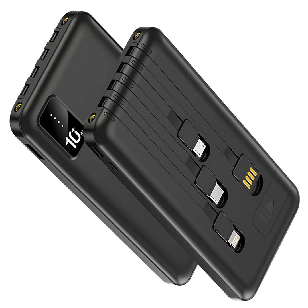 TX109 10.000 mAh Powerbank, Dahili Micro, Type-C ve Lightning Kablo, Dijital Göstergeli, Telefon Standlı, Siyah