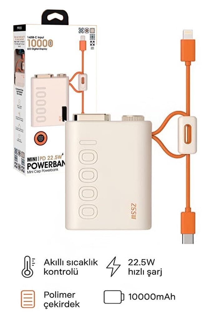 10.000 mAh Hızlı Şarj Powerbank | PD Hızlı Şarj 22.5W | Dahili Kablo Type-C Lightning| LED Gösterge