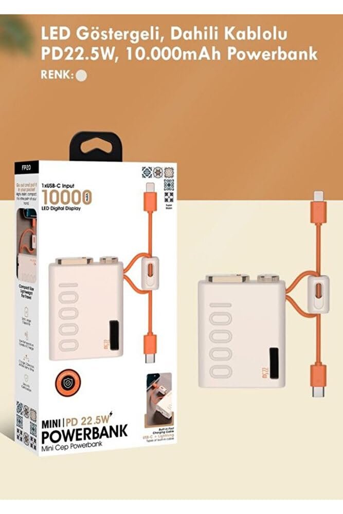 10.000 mAh Hızlı Şarj Powerbank | PD Hızlı Şarj 22.5W | Dahili Kablo Type-C Lightning| LED Gösterge