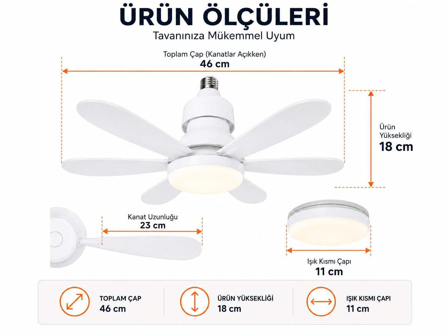 Orret Home Kumandalı LED Ampul Vantilatör 30W 1550 Lümen, E27 Sabit Duya Uyumlu Tavan Vantilatörü, 3 Işık Modu 3 Pervane Hızı, 46 cm 6 Kanatlı Sessiz Fanlı Lamba, Beyaz