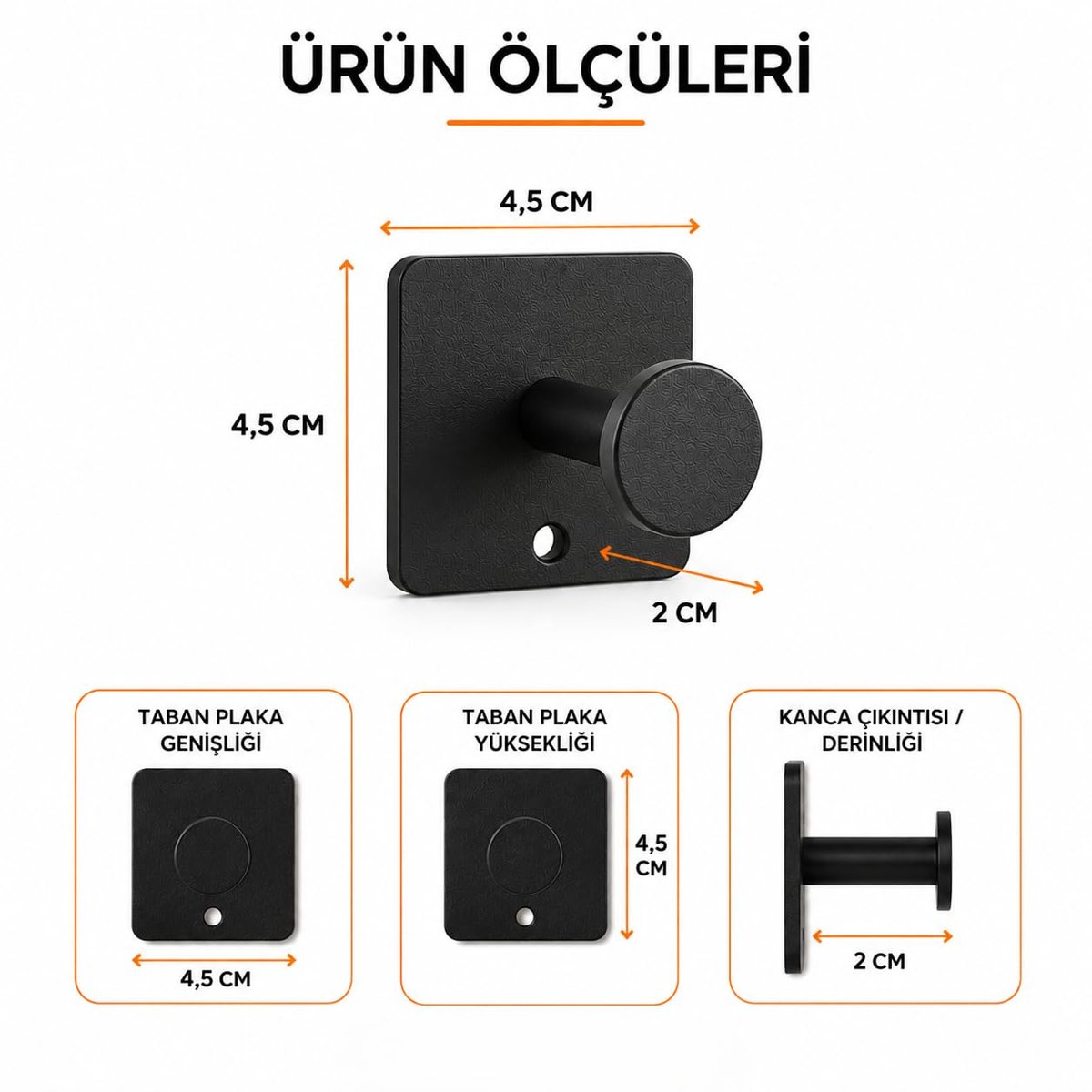 Orret Home Tekli Yapışkanlı Metal Siyah Askı, Delmeden Duvara Monte Havlu Askısı, Çanta Askısı, Mutfak Banyo Askısı, Paslanmaz Yapışkanlı Duvar Askısı, Modern Kare Tabanlı Askı Aparatı