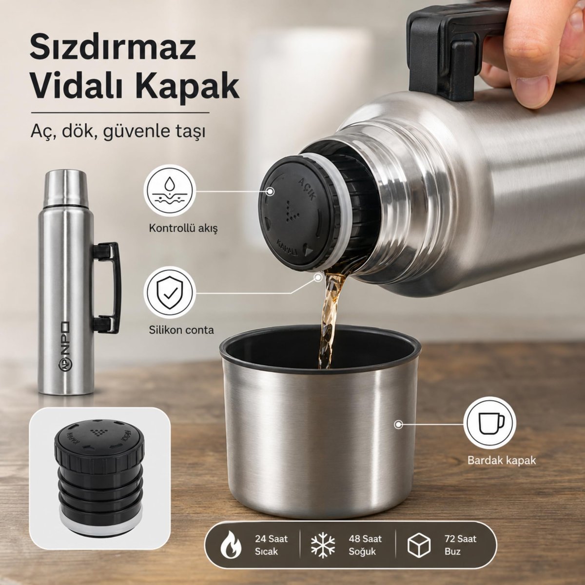 NPO NT01 1.5L Çift Katmanlı Vakum Teknolojili 24H Sıcak 48H Soğuk 72H Buzlu Koruma Çelik Termos