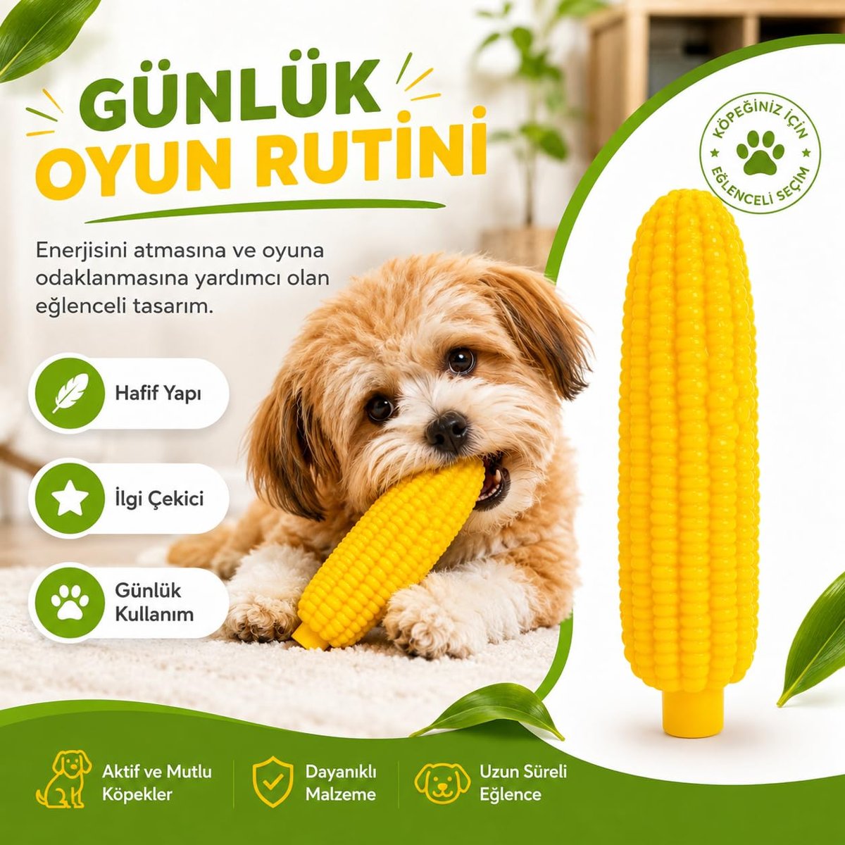 Sesli Mısır Isırma Oyuncağı - Köpek ve Kedi İçin Çiğneme Oyuncağı - Diş Kaşıma ve Oyun Aktivitesi - Yumuşak Dayanıklı Kauçuk - Sarı Mısır Tasarım