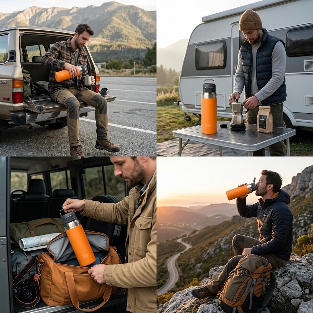Deconox Paslanmaz Çelik Termos Matara - 1000 ML (1 Litre) Kapasiteli, Renk Seçenekli Isı Yalıtımlı Çelik Suluk (TURUNCU)
