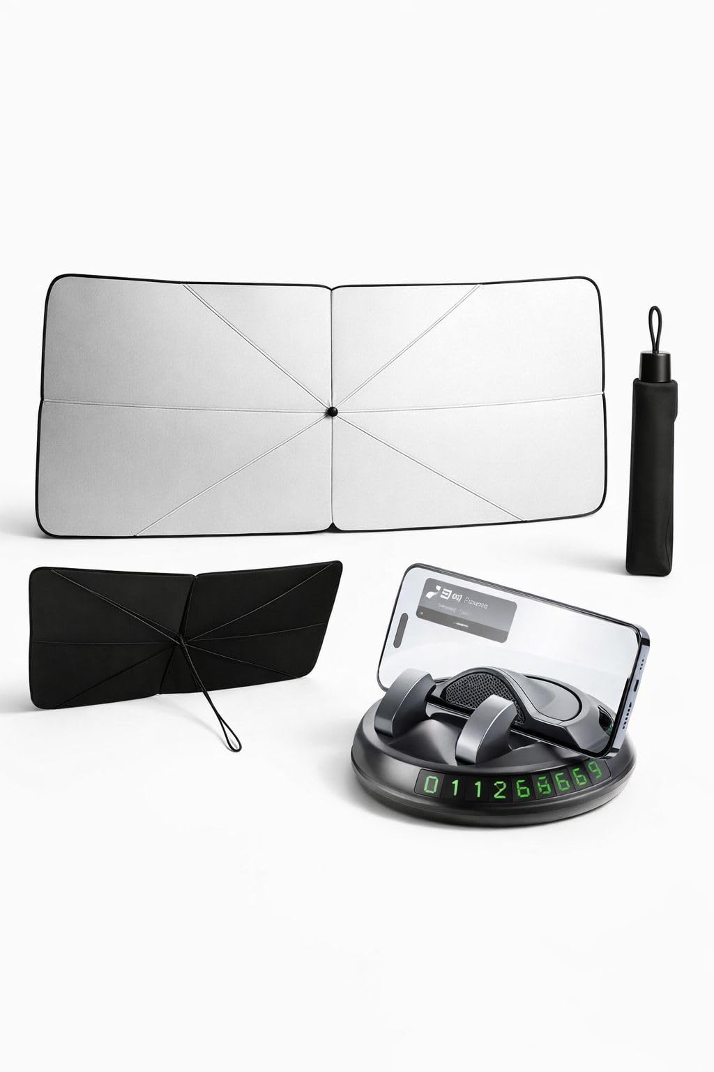 Busstier Araç Güneşlik Şemsiye ve 360° Döner Araç Park Numaratörü Seti, Katlanabilir Ön Cam Güneş Koruyucu ve Geçici Telefon Numarası Aparatı