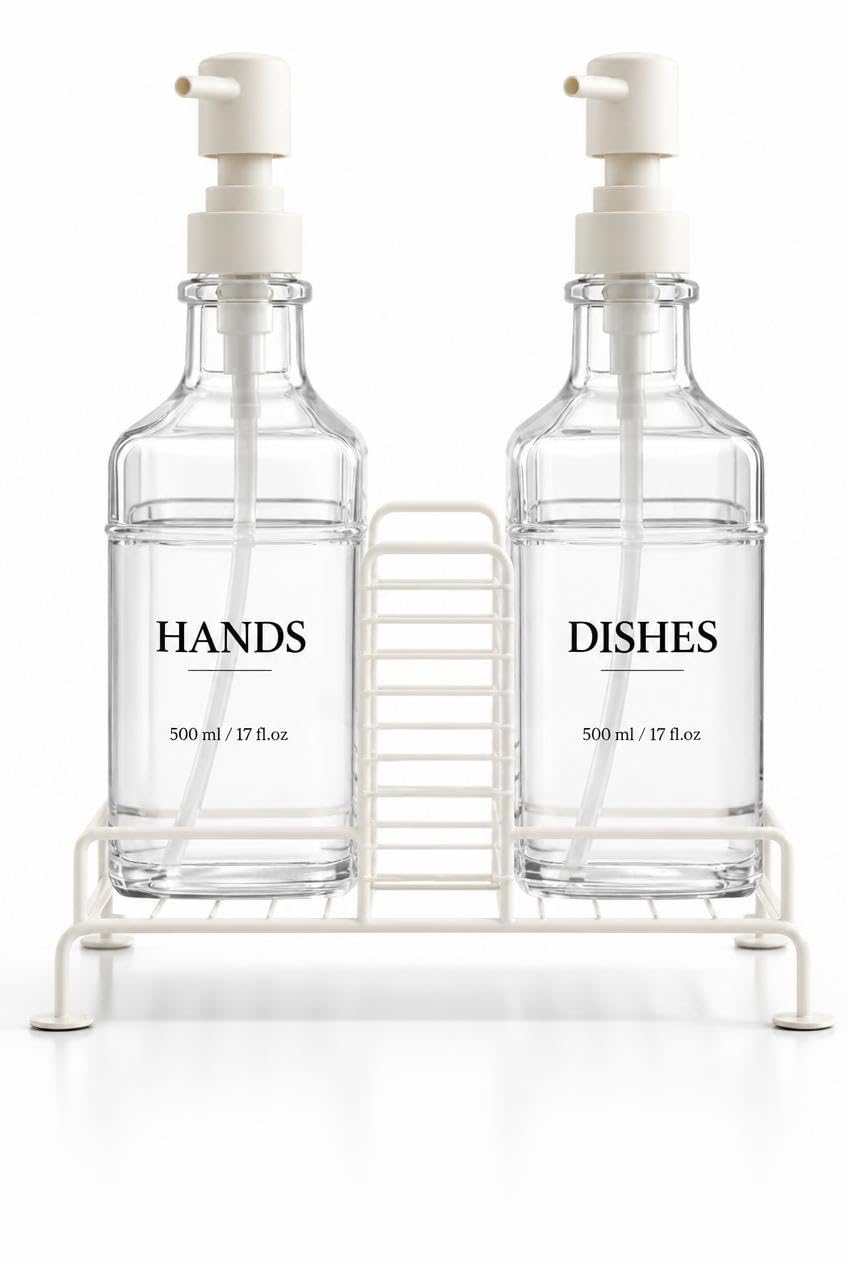 Busstier 2'li Stantlı Ekru Sıvı Sabunluk Seti, Mutfak ve Banyo İçin Tezgah Üstü Pompalı Sabun ve Deterjan Dispenseri, 500 ml x 2