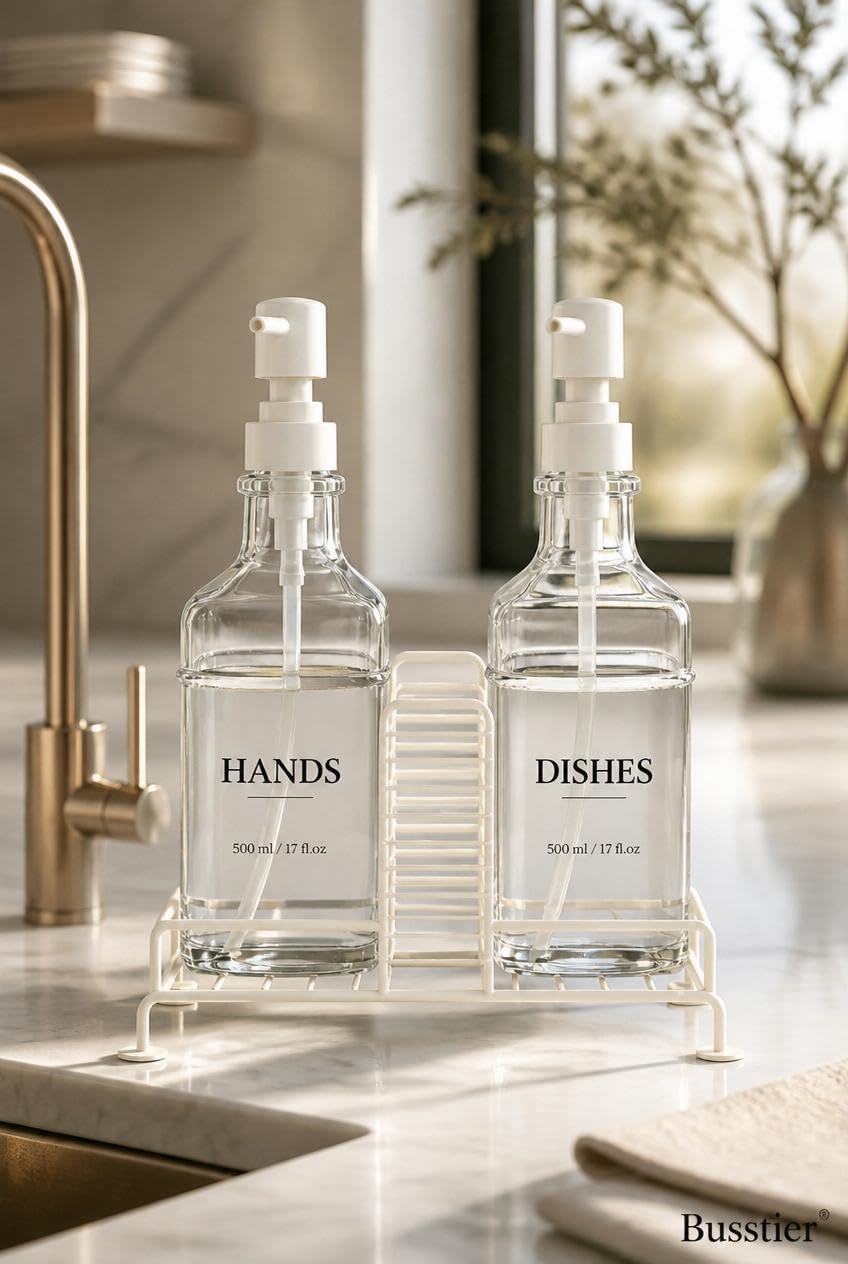 Busstier 2'li Stantlı Ekru Sıvı Sabunluk Seti, Mutfak ve Banyo İçin Tezgah Üstü Pompalı Sabun ve Deterjan Dispenseri, 500 ml x 2