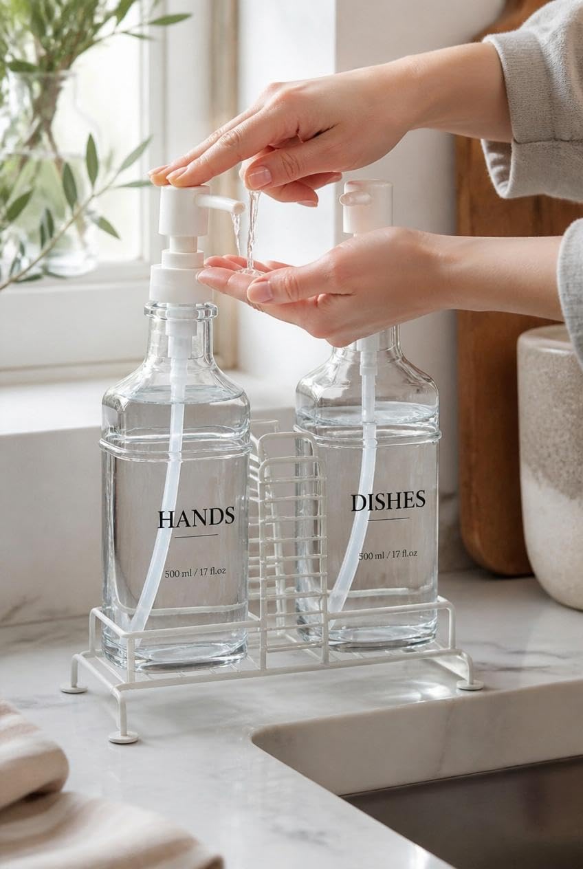 Busstier 2'li Stantlı Ekru Sıvı Sabunluk Seti, Mutfak ve Banyo İçin Tezgah Üstü Pompalı Sabun ve Deterjan Dispenseri, 500 ml x 2