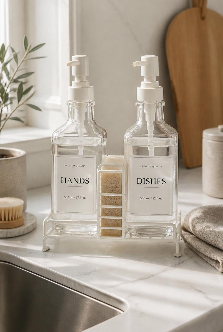 Busstier 2'li Stantlı Ekru Sıvı Sabunluk Seti, Mutfak ve Banyo İçin Tezgah Üstü Pompalı Sabun ve Deterjan Dispenseri, 500 ml x 2