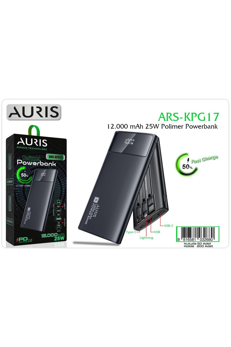 Auris KPG17 12.000 mAh 25W Hızlı Şarj Powerbank, Siyah