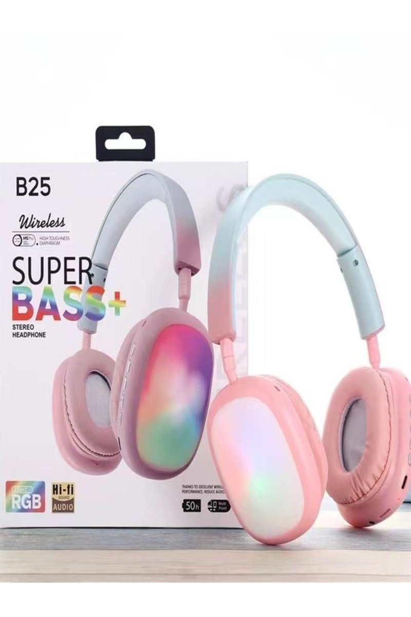 B25 Wireless Super Bass+ RGB Bluetooth Kulaklık, 50 Saat Batarya, Hi-Fi Stereo, Pembe
