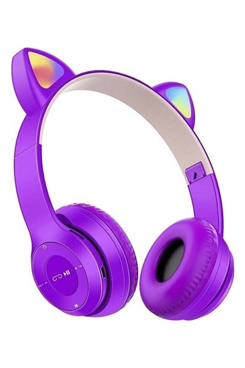 Kedi Kulaklı Bluetooth Kablosuz Kulaklık, RGB Işıklı, AUX Destekli, Mor