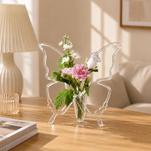 Orret Home Mini Kelebek Vazo Şeffaf Plastik Akrilik Vazo, 20x19 cm Dekoratif Çiçeklik, Masa Üstü Salon Yatak Odası Ofis Süs Vazosu, Modern Kelebek Tasarımlı Şeffaf Çiçek Vazoluğu