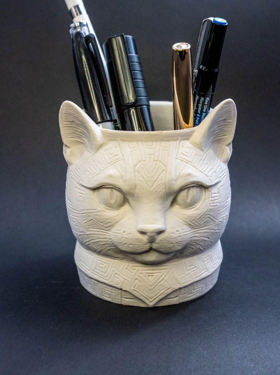 Plastik Kedi Figürlü Kalemlik, Geometrik Desenli