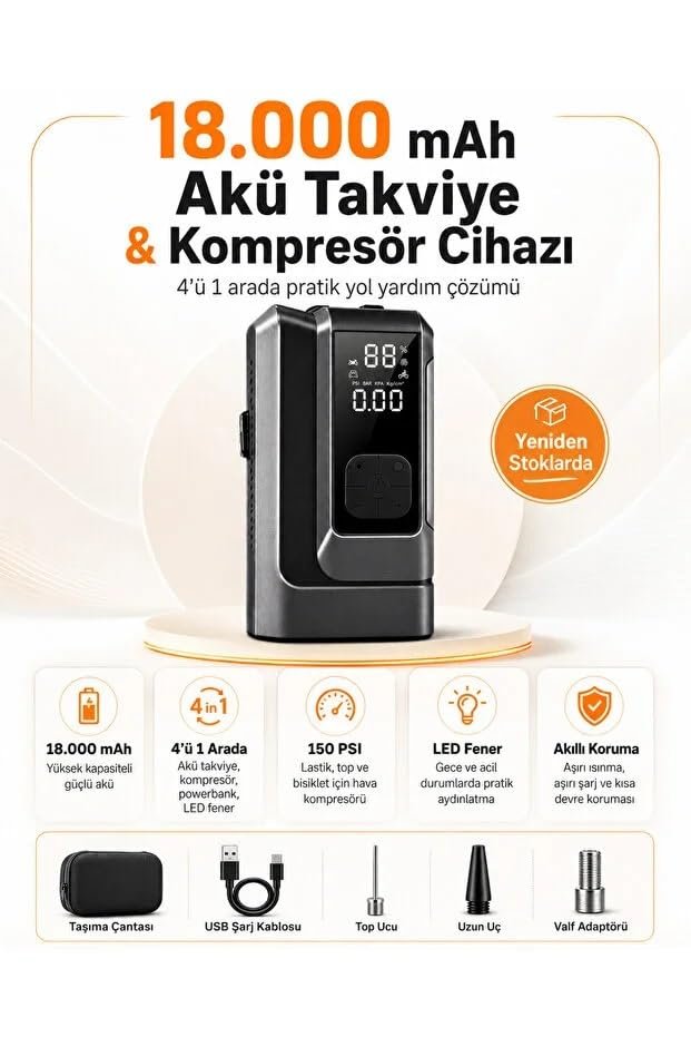 18000mAh Akü Takviye ve Kompresör 4'ü 1 Arada Taşınabilir Araç Marş Basma Cihazı Jump Starter