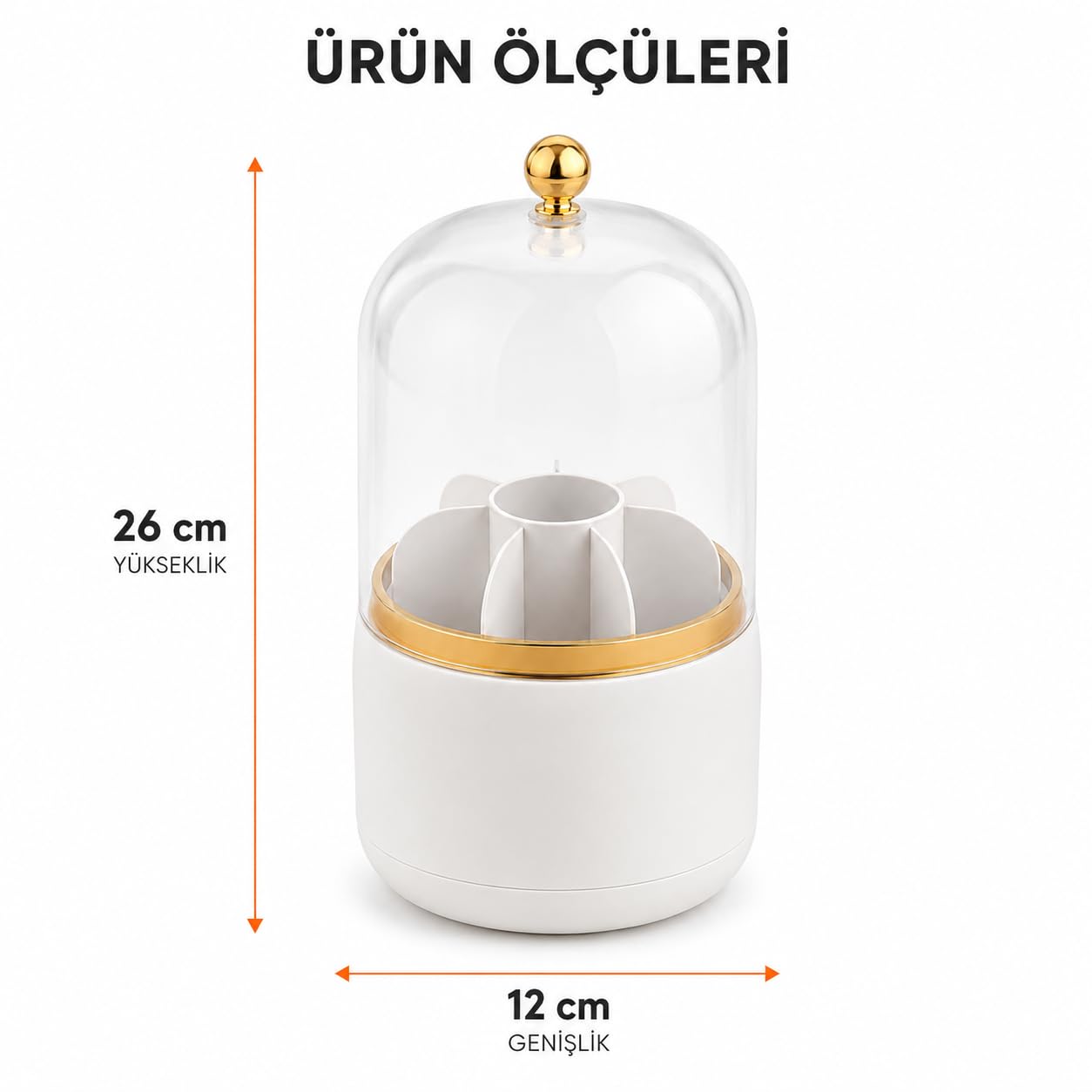 Orret Home 7 Bölmeli Kapaklı Makyaj Fırçası Organizeri, Şeffaf Kapaklı Kompakt Kozmetik Düzenleyici, Gold Detaylı Tozdan Koruyan Makyaj Malzemesi Kutusu