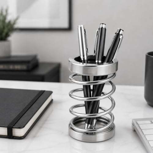 Orret Home Metal Spiral Kalemlik, Paslanmaz Çelik Yay Tasarımlı Masaüstü Kalemlik, Gümüş Ofis Kalem Tutucu, Modern Masa Düzenleyici Organizer, 12 cm