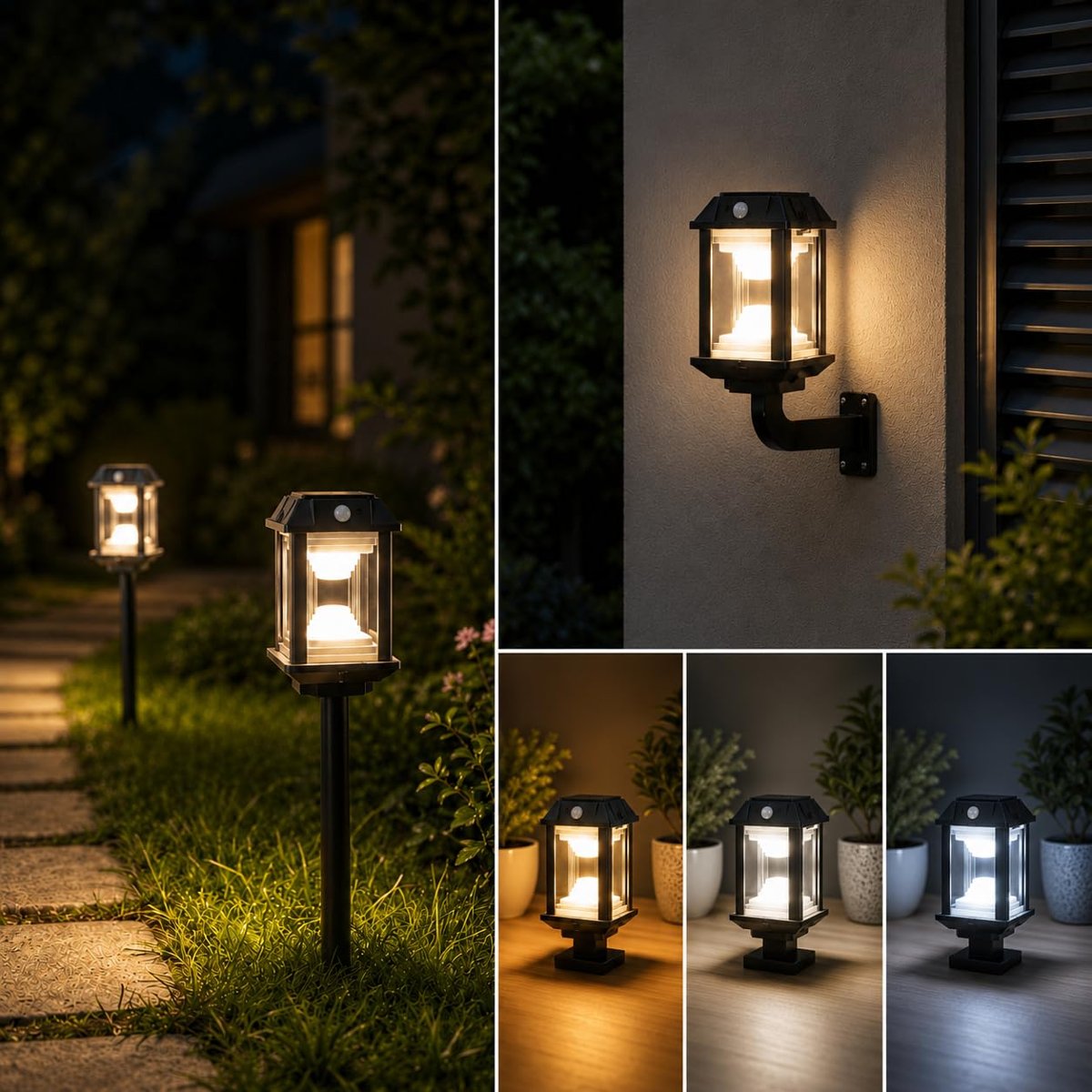 Coverzone 15cm Solar Bahçe Lambası 3W LED | 7000K Beyaz + 3000K Sarı Işık, 360° Aydınlatma, Hareket Sensörlü, Type-C Şarjlı, Balkon Teras Bahçe için, 300 Lümen, Duvar ve Toprak Montajlı, PT-B119