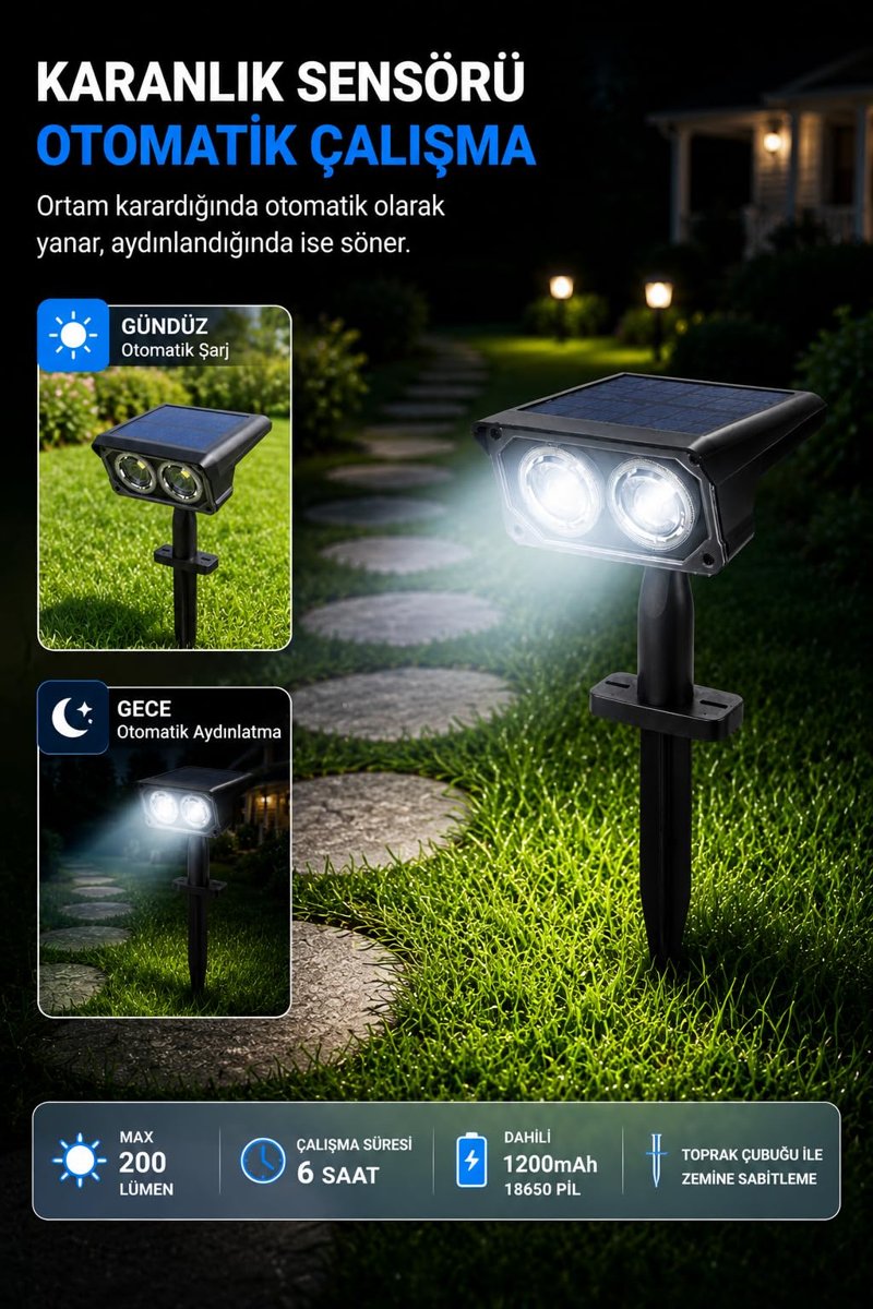 Coverzone Solar Bahçe Lambası 2W SMD Led, Toprak Çubuklu, Güneş Enerjili Bahçe Aydınlatma, 6500K Beyaz Işık, Karanlık Sensörlü, 200 Lümen, Çim Lambası, PT-B211