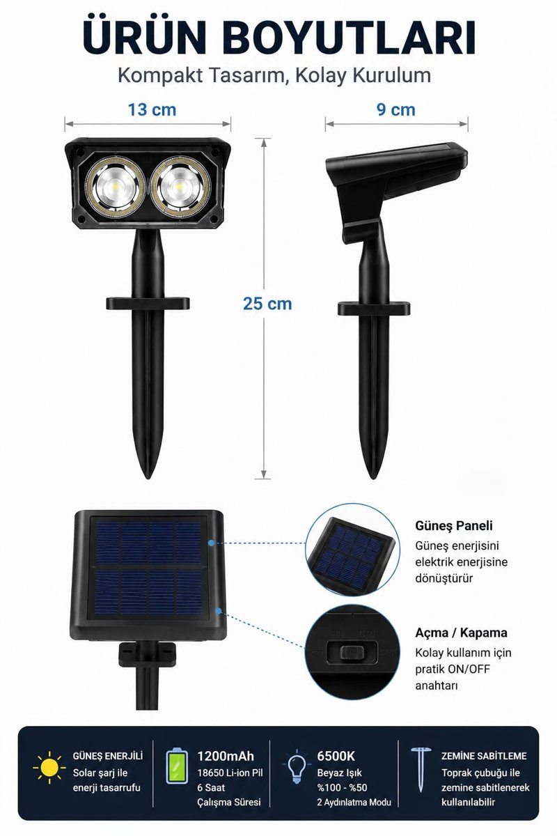 Coverzone Solar Bahçe Lambası 2W SMD Led, Toprak Çubuklu, Güneş Enerjili Bahçe Aydınlatma, 6500K Beyaz Işık, Karanlık Sensörlü, 200 Lümen, Çim Lambası, PT-B211