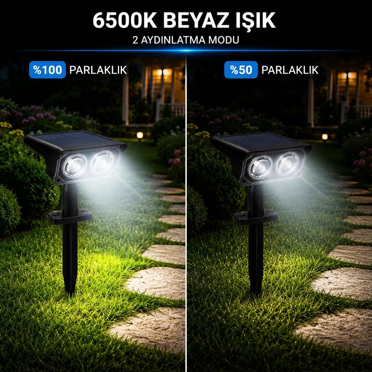 Coverzone Solar Bahçe Lambası 2W SMD Led, Toprak Çubuklu, Güneş Enerjili Bahçe Aydınlatma, 6500K Beyaz Işık, Karanlık Sensörlü, 200 Lümen, Çim Lambası, PT-B211