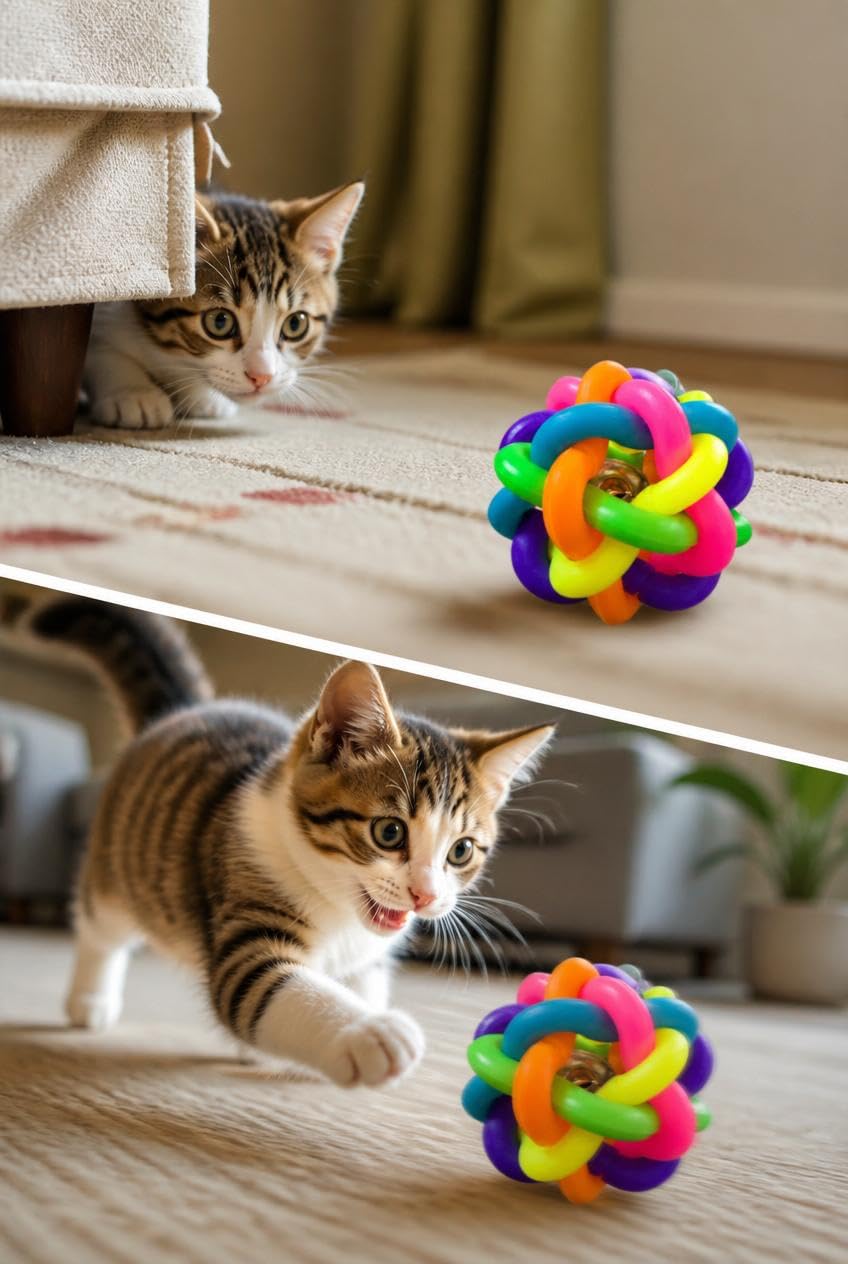 Busstier Renkli Zilli Örgü Kedi Köpek Oyun Topu, İnteraktif Isırma ve Kovalama Oyuncağı, Küçük Irk Köpekler ve Kediler İçin 6,5 cm