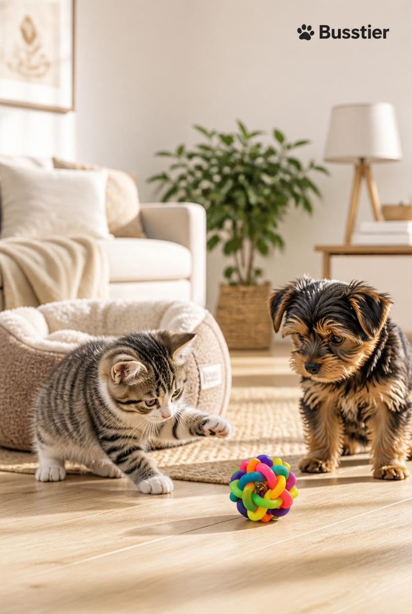 Busstier Renkli Zilli Örgü Kedi Köpek Oyun Topu, İnteraktif Isırma ve Kovalama Oyuncağı, Küçük Irk Köpekler ve Kediler İçin 6,5 cm