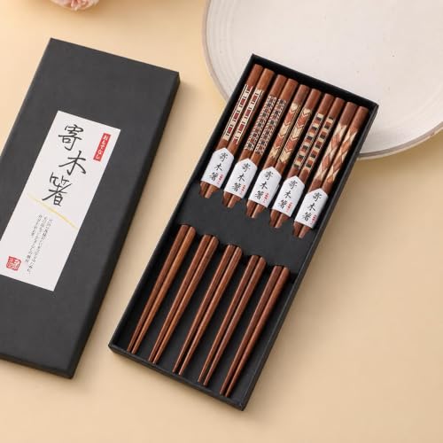 Valkyrie 5 Çift Ahşap 22,5cm Yemek Çubuğu Seti Hediyelik Kutulu Japon Çin Kore Sushi Chopstick