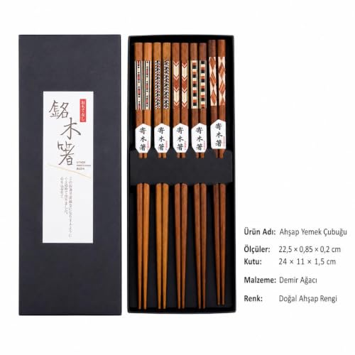 Valkyrie 5 Çift Ahşap 22,5cm Yemek Çubuğu Seti Hediyelik Kutulu Japon Çin Kore Sushi Chopstick