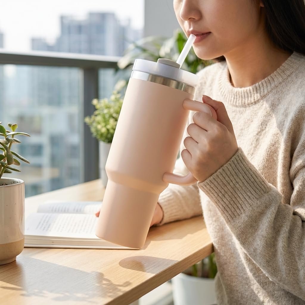 Deconox 1200 ML Kapasiteli Paslanmaz Çelik Termos Kupa - Entegre Pipetli, Geniş Kulplu, Çift Duvar Vakum Yalıtımlı, Araç İçi Bardaklık Uyumlu Seyahat Matarası ve Çelik Suluk (PEMBE)