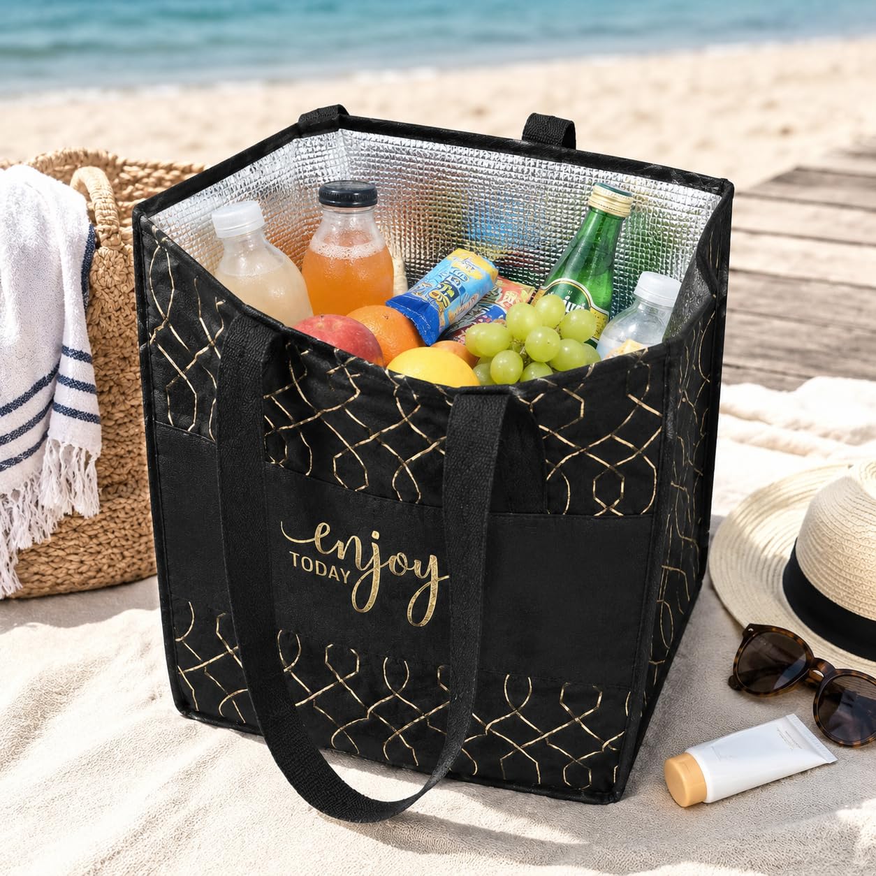 Orret Home Termoslu Piknik Çantası 30x20x40 cm, Isı Yalıtımlı Alüminyum Kaplamalı İç Yüzey, Keçe Dış Yüzey, Katlanabilir Termal Alışveriş Plaj Kamp Piknik Çantası Siyah