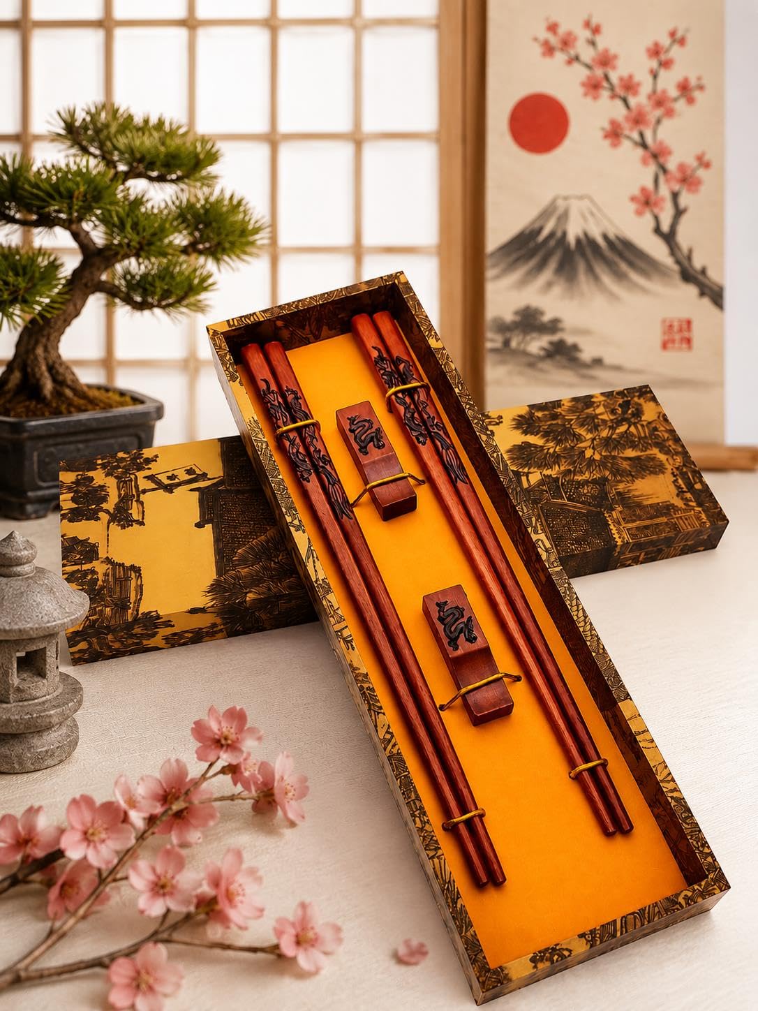 Valkyrie Doğal Ahşap Yemek Çubuğu Seti 2 Çift – Ejderha Desenli Çubuk Tutacaklı Kutulu 22,9 cm Chopstick Seti