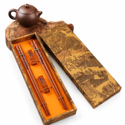 Valkyrie Doğal Ahşap Yemek Çubuğu Seti 2 Çift – Ejderha Desenli Çubuk Tutacaklı Kutulu 22,9 cm Chopstick Seti
