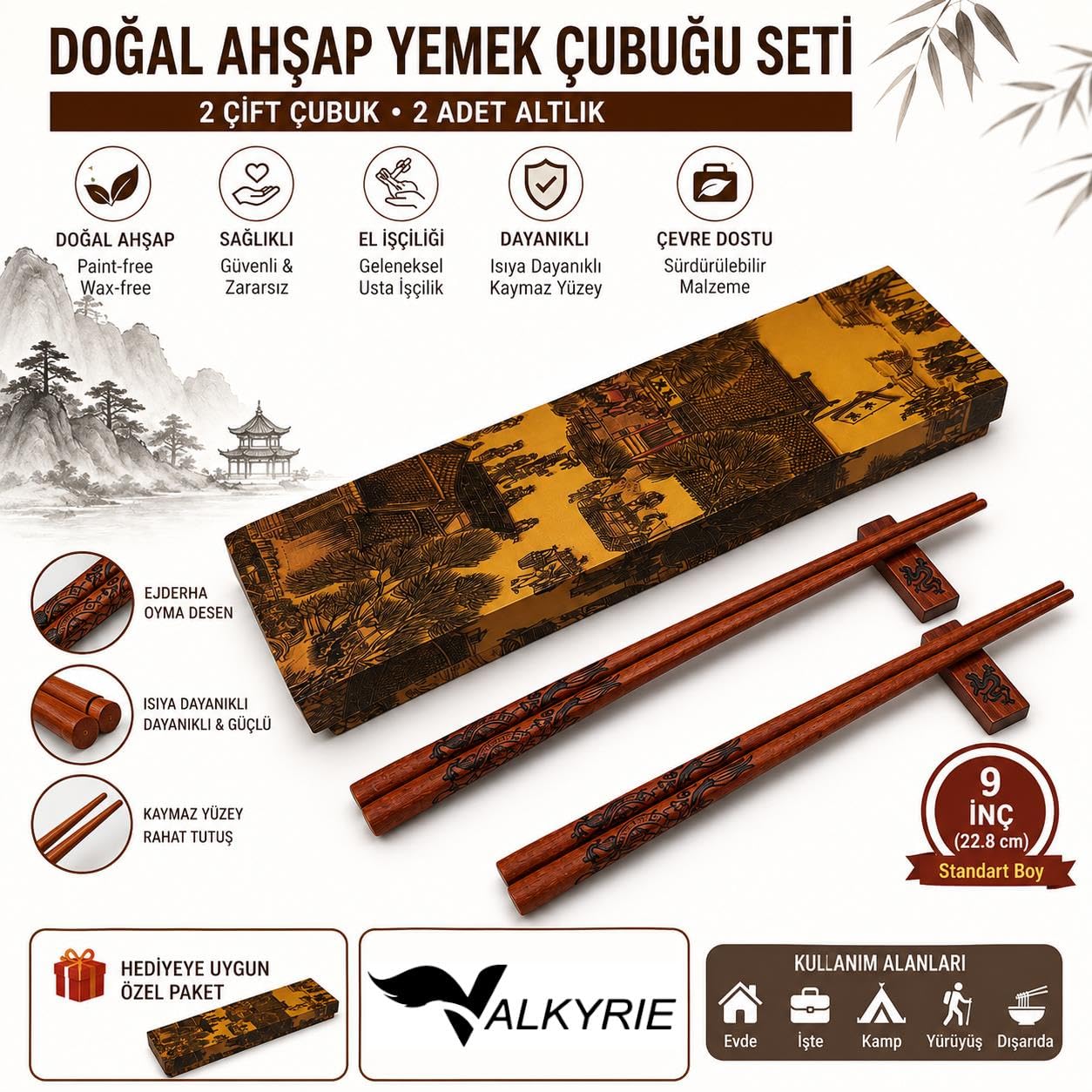 Valkyrie Doğal Ahşap Yemek Çubuğu Seti 2 Çift – Ejderha Desenli Çubuk Tutacaklı Kutulu 22,9 cm Chopstick Seti