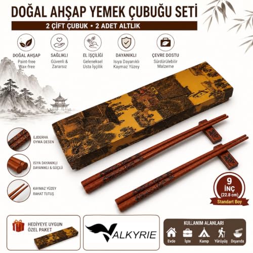 Valkyrie Doğal Ahşap Yemek Çubuğu Seti 2 Çift – Ejderha Desenli Çubuk Tutacaklı Kutulu 22,9 cm Chopstick Seti