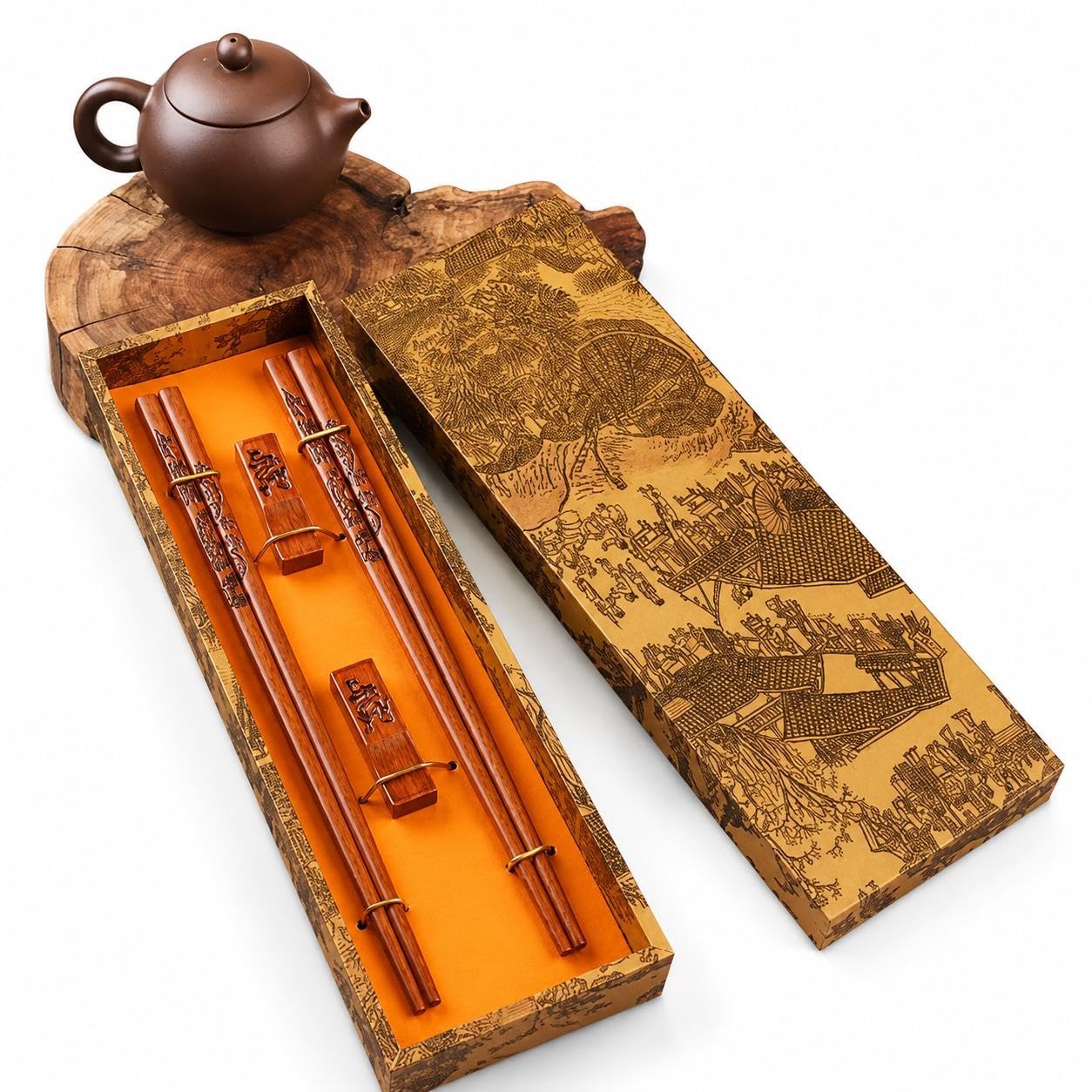 Valkyrie Doğal Ahşap Yemek Çubuğu Seti 2 Çift – Ejderha Desenli Çubuk Tutacaklı Kutulu 22,9 cm Chopstick Seti