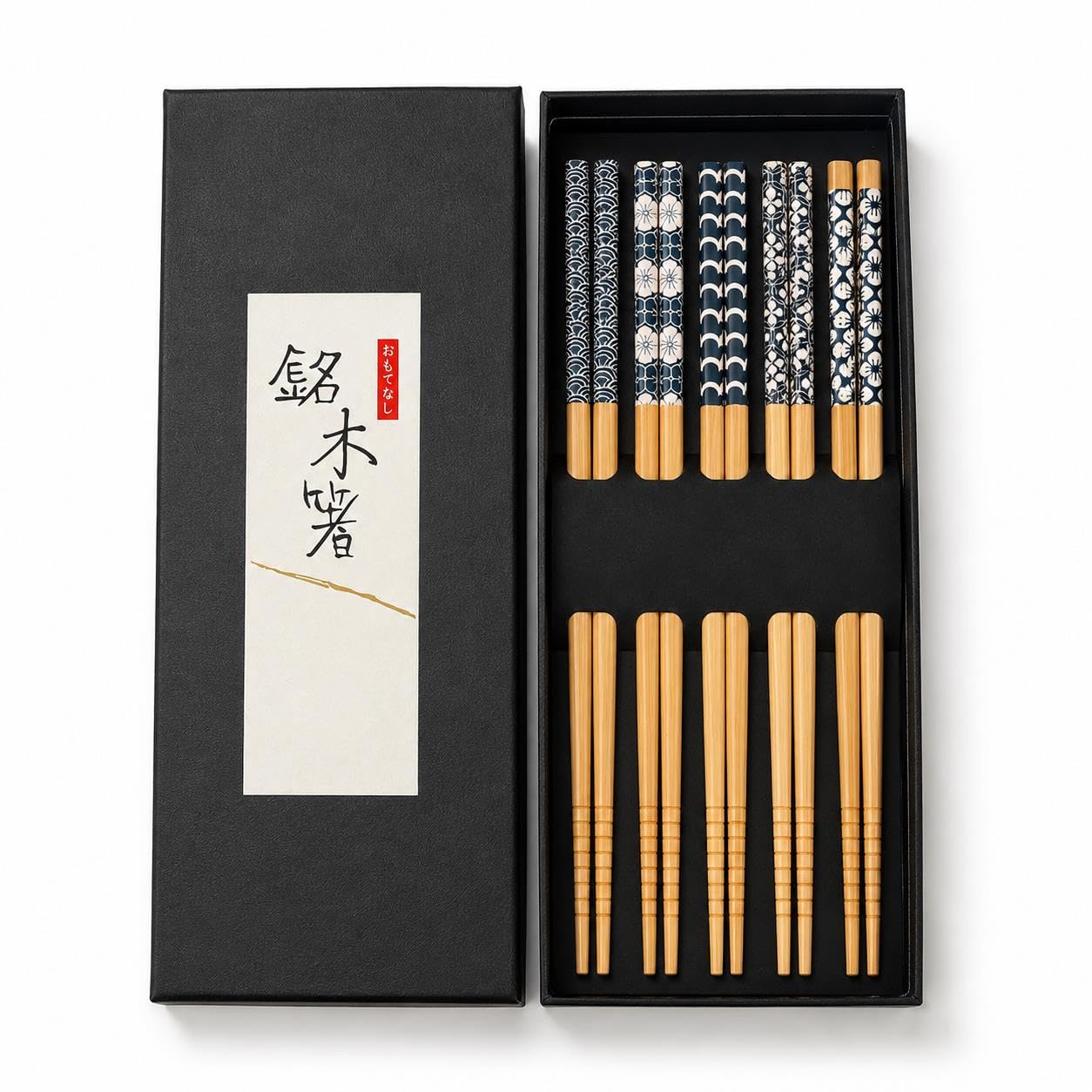 Valkyrie 5 Çift Doğal Ahşap Yemek Çubuğu Seti Japon Desenli Kaymaz Uçlu Kutulu 22,5cm Chopstick Seti