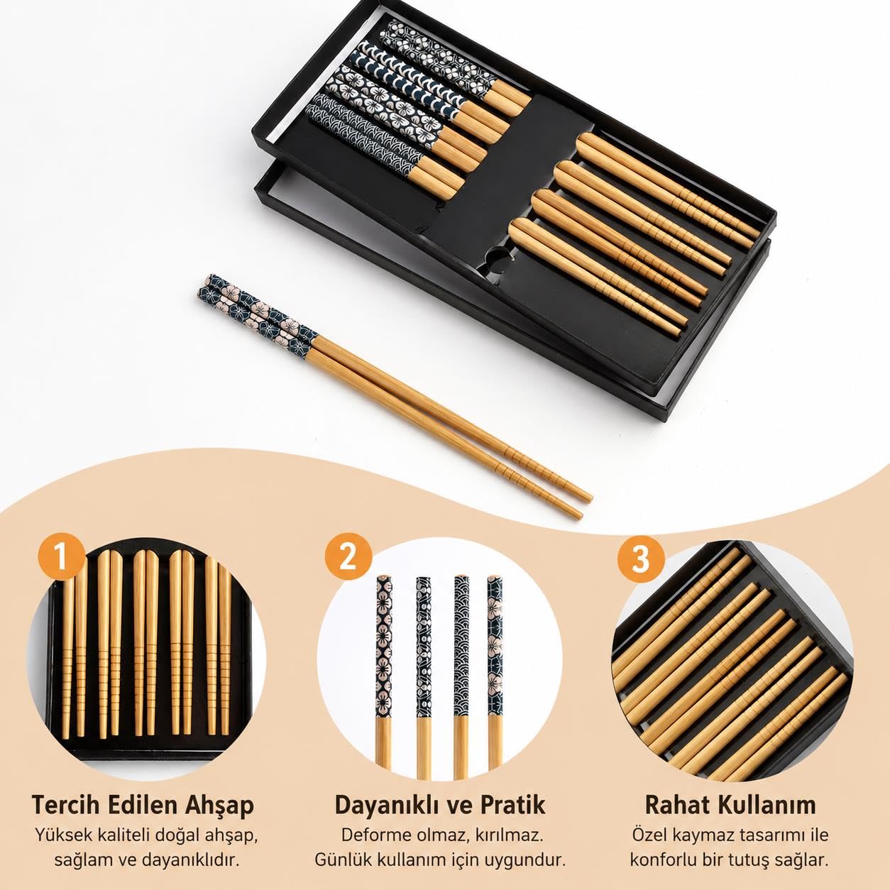 Valkyrie 5 Çift Doğal Ahşap Yemek Çubuğu Seti Japon Desenli Kaymaz Uçlu Kutulu 22,5cm Chopstick Seti